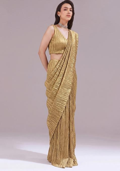 Metallic Gold Solid Georgette Pre Draped Saree Set