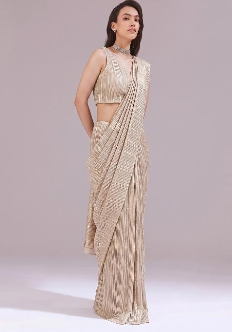 Sand Beige Solid Georgette Pre Draped Saree Set