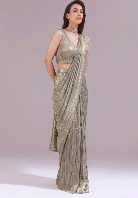 Metallic Grey Solid Georgette Pre Draped Saree Set