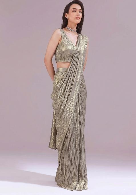 Metallic Grey Solid Georgette Pre Draped Saree Set