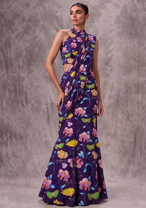 Violet Printed Chinon Pre Draped Saree Set