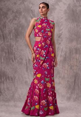 Fuchsia Pink Printed Chinon Pre Draped Saree Set