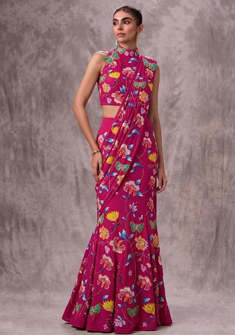 Fuchsia Pink Printed Chinon Pre Draped Saree Set