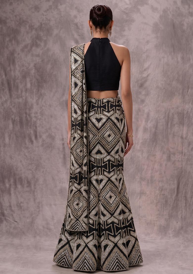 Jet Black Printed Chinon Pre Draped Saree Set - Indya