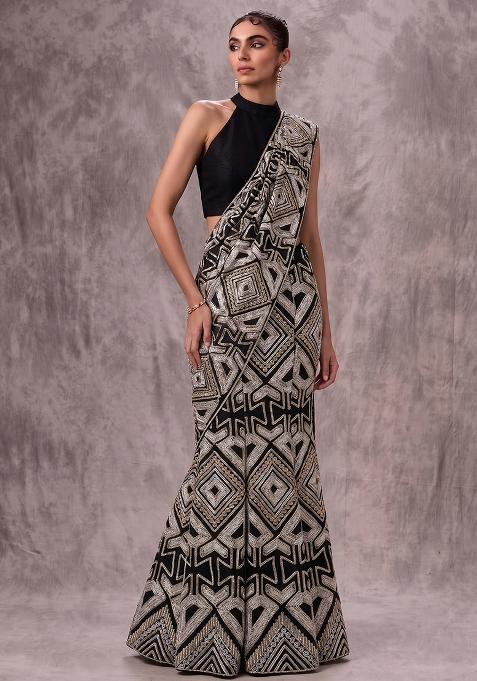 Jet Black Printed Chinon Pre Draped Saree Set