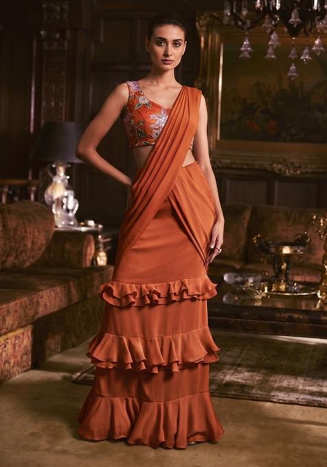 Rust Orange Printed Tissue Pre Draped Saree Set