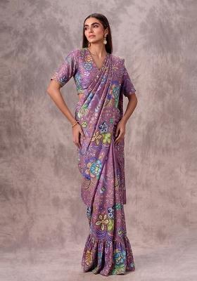 Mauve Purple Printed Chinon Pre Draped Saree Set