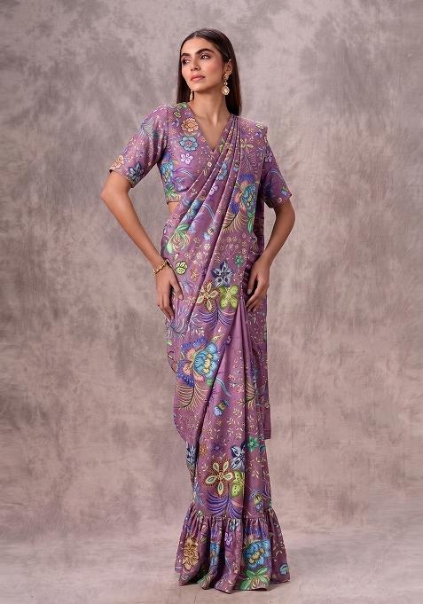 Mauve Purple Printed Chinon Pre Draped Saree Set