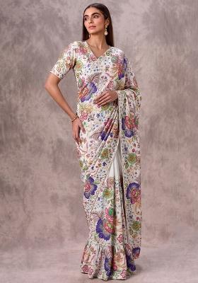 Off White Printed Chinon Pre Draped Saree Set