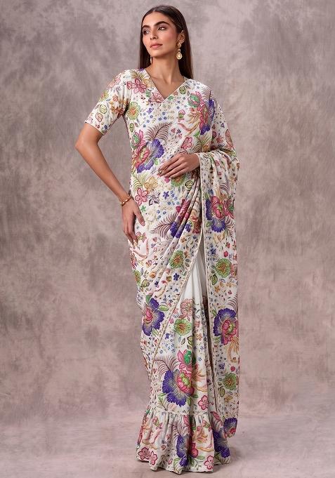 Off White Printed Chinon Pre Draped Saree Set