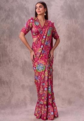 Rani Pink Printed Chinon Pre Draped Saree Set