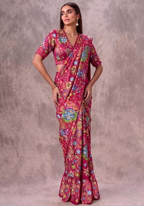 Rani Pink Printed Chinon Pre Draped Saree Set