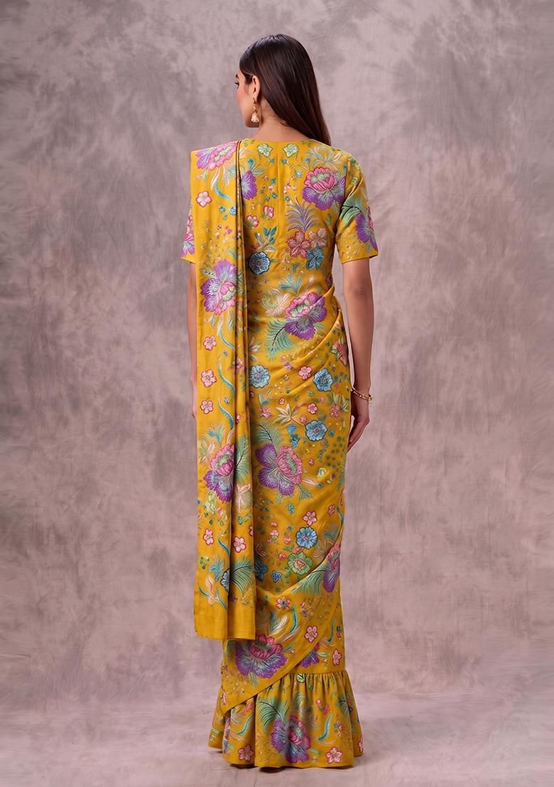 Mustard Yellow Printed Chinon Pre Draped Saree Set - Indya