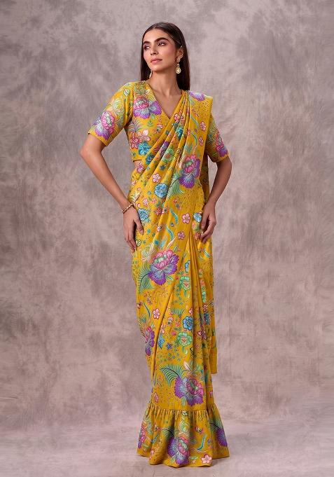 Mustard Yellow Printed Chinon Pre Draped Saree Set