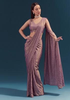 Mauve Purple Embroidered Silk Blend Pre Draped Saree Set