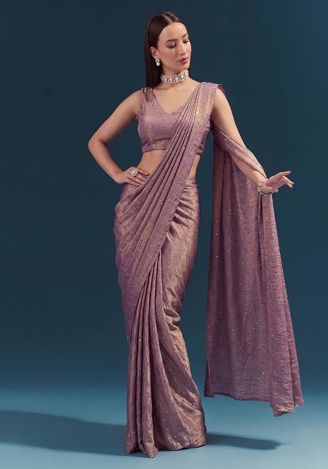 Mauve Purple Embroidered Silk Pre Draped Saree Set