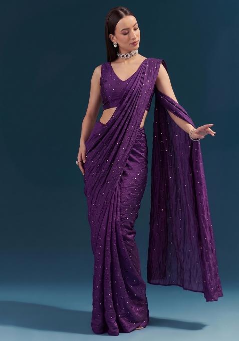 Dark Purple Embroidered Silk Pre Draped Saree Set