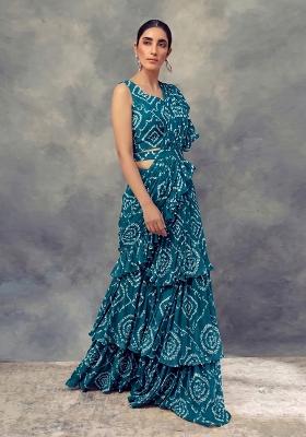 Teal Blue Embroidered Chanderi Pre Draped Saree Set