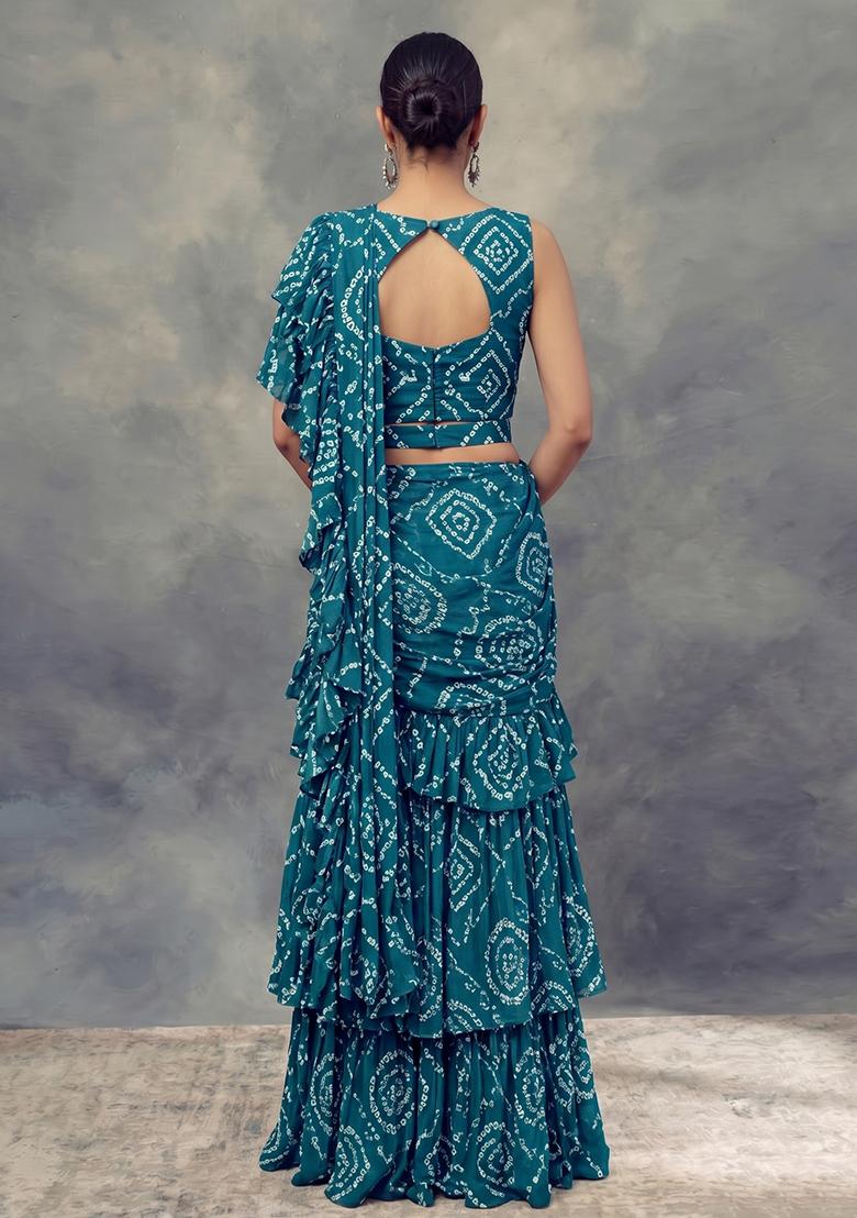 Teal Blue Embroidered Chanderi Pre Draped Saree Set - Indya