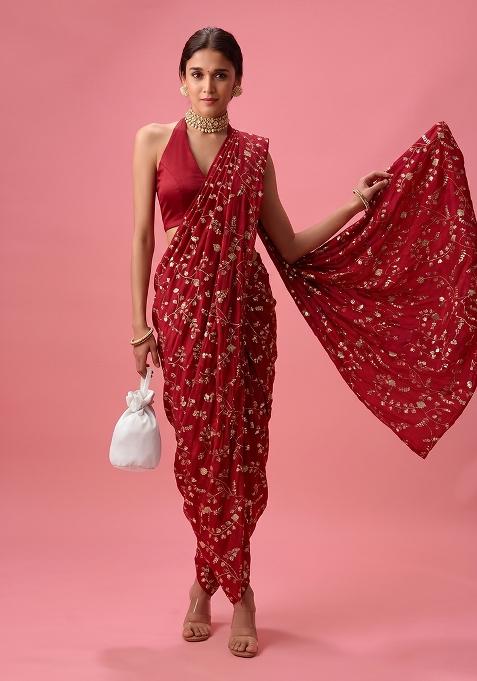 Red Embroidered Crepe Pre Draped Saree Set
