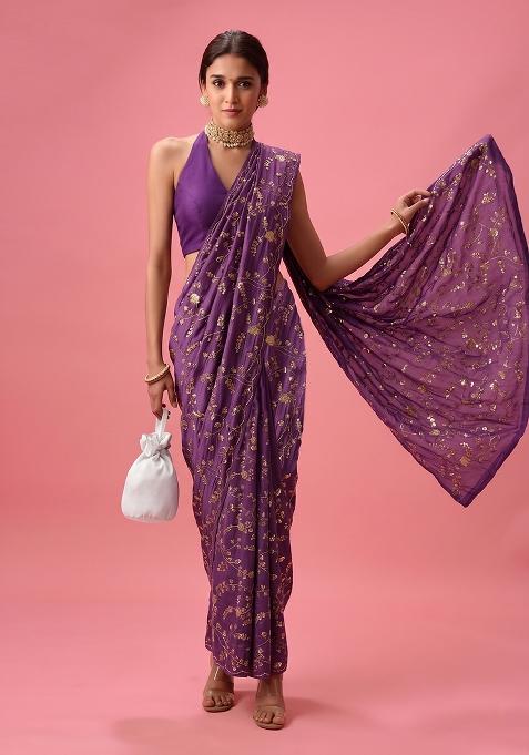 Purple Embroidered Crepe Pre Draped Saree Set