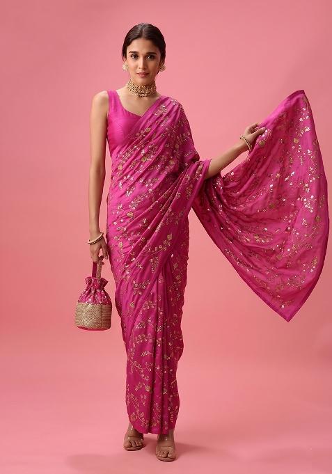 Magenta Embroidered Crepe Pre Draped Saree Set