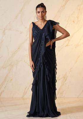Black Embroidered Handwork Pre Draped Saree Set