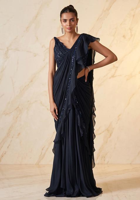 Black Embroidered Handwork Pre Draped Saree Set