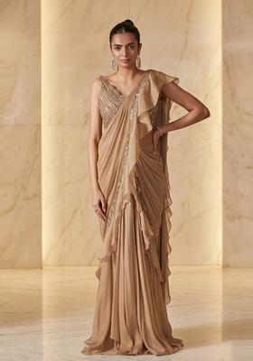 Sand Beige Embroidered Handwork Pre Draped Saree Set