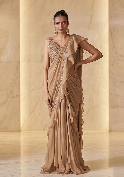 Sand Beige Embroidered Handwork Pre Draped Saree Set