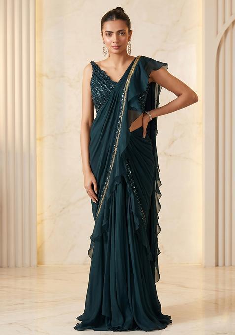 Forest Green Embroidered Handwork Pre Draped Saree Set