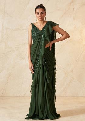 Dark Green Embroidered Handwork Pre Draped Saree Set