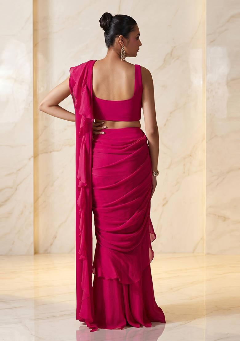 Magenta Embroidered Handwork Pre Draped Saree Set - Indya