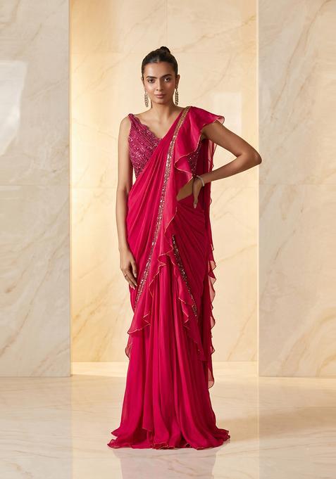 Magenta Embroidered Handwork Pre Draped Saree Set