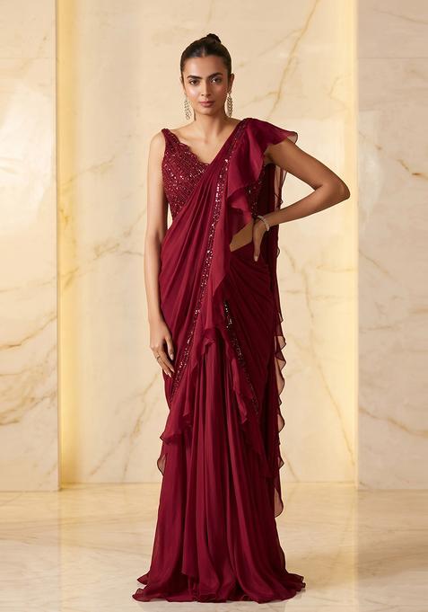 Deep Red Embroidered Handwork Pre Draped Saree Set