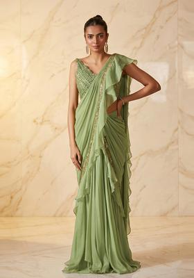 Sage Green Embroidered Handwork Pre Draped Saree Set