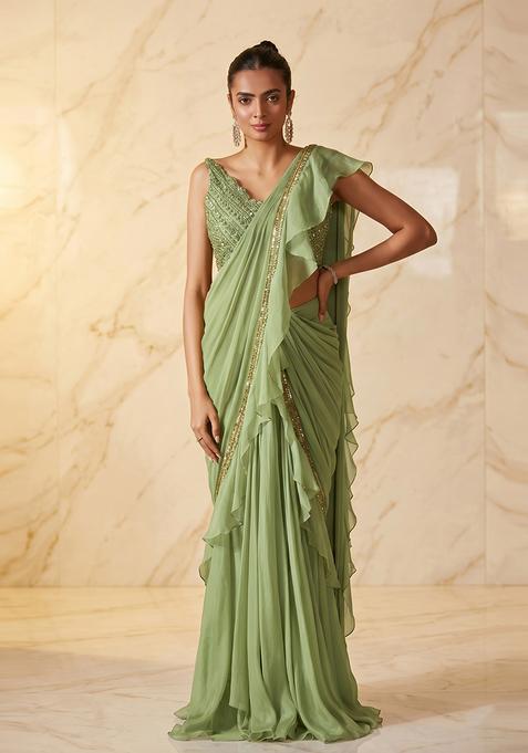 Sage Green Embroidered Handwork Pre Draped Saree Set