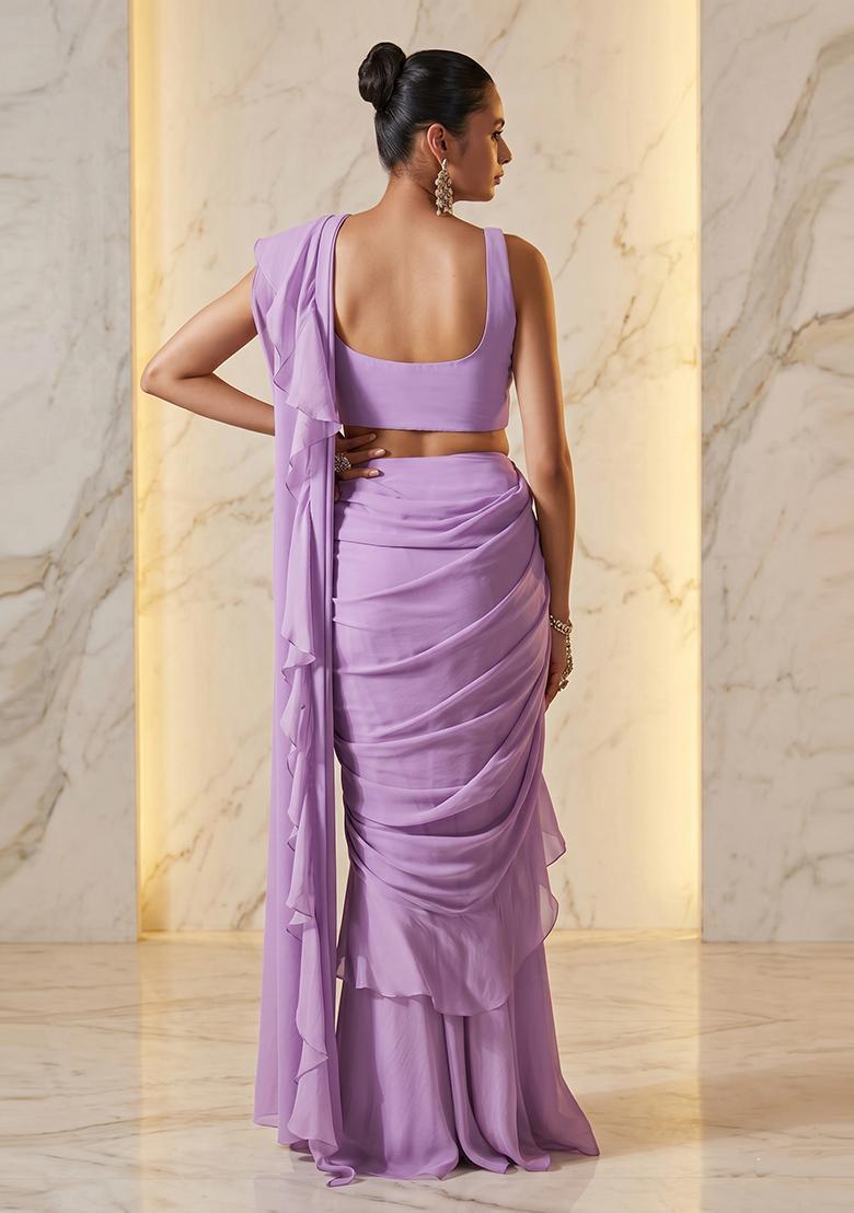 Lavender Purple Embroidered Handwork Pre Draped Saree Set - Indya