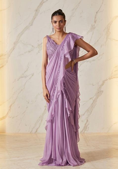 Lavender Purple Embroidered Handwork Pre Draped Saree Set