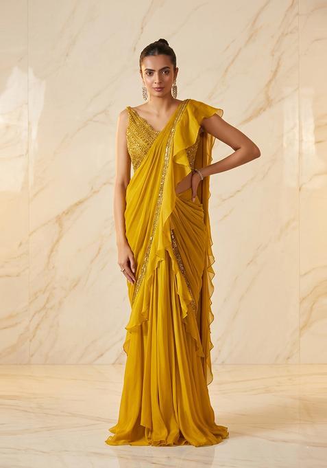 Yellow Embroidered Handwork Pre Draped Saree Set