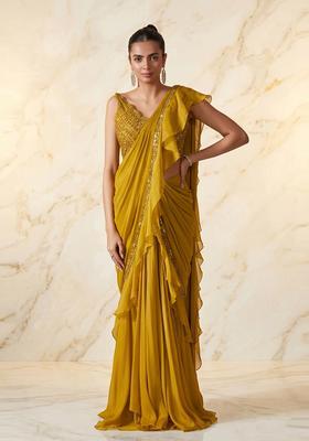 Mustard Embroidered Handwork Pre Draped Saree Set