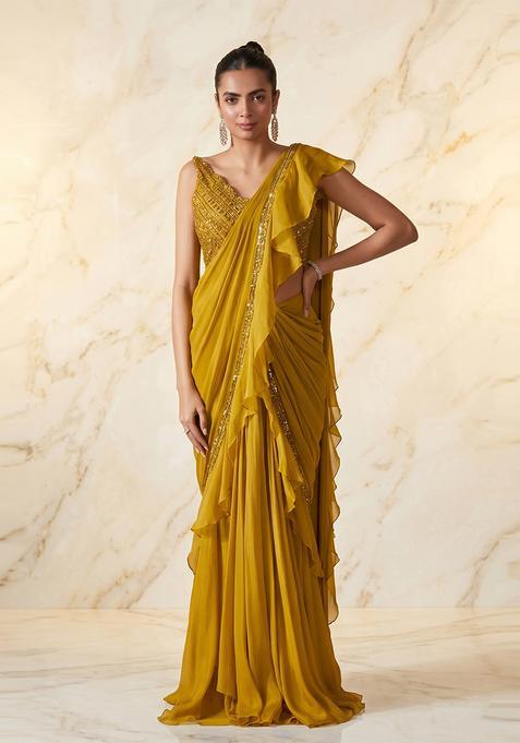 Mustard Embroidered Handwork Pre Draped Saree Set