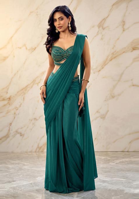 Teal Green Embroidered Handwork Pre Draped Saree Set