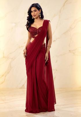 Maroon Embroidered Handwork Pre Draped Saree Set