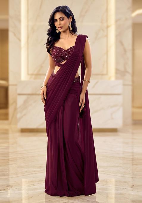 Deep Wine Embroidered Handwork Pre Draped Saree Set