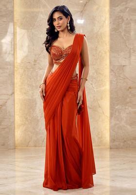 Rust Orange Embroidered Handwork Pre Draped Saree Set