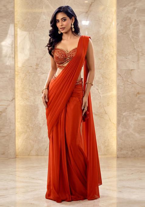 Rust Orange Embroidered Handwork Pre Draped Saree Set