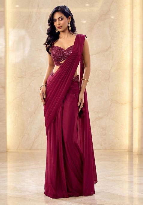 Wine Embroidered Handwork Pre Draped Saree Set