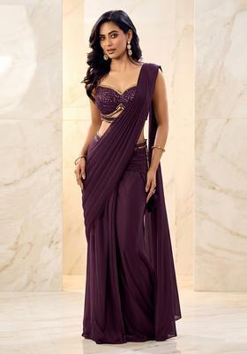Dark Purple Embroidered Handwork Pre Draped Saree Set