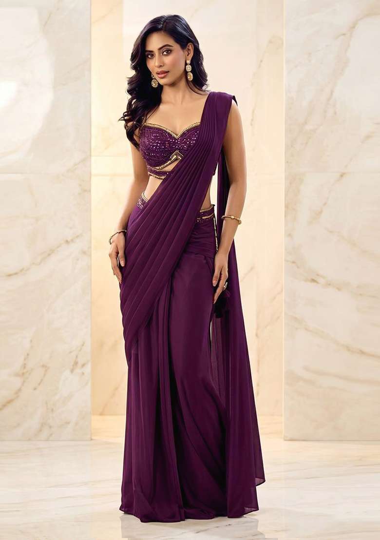 Dark Purple Embroidered Handwork Pre Draped Saree Set - Indya